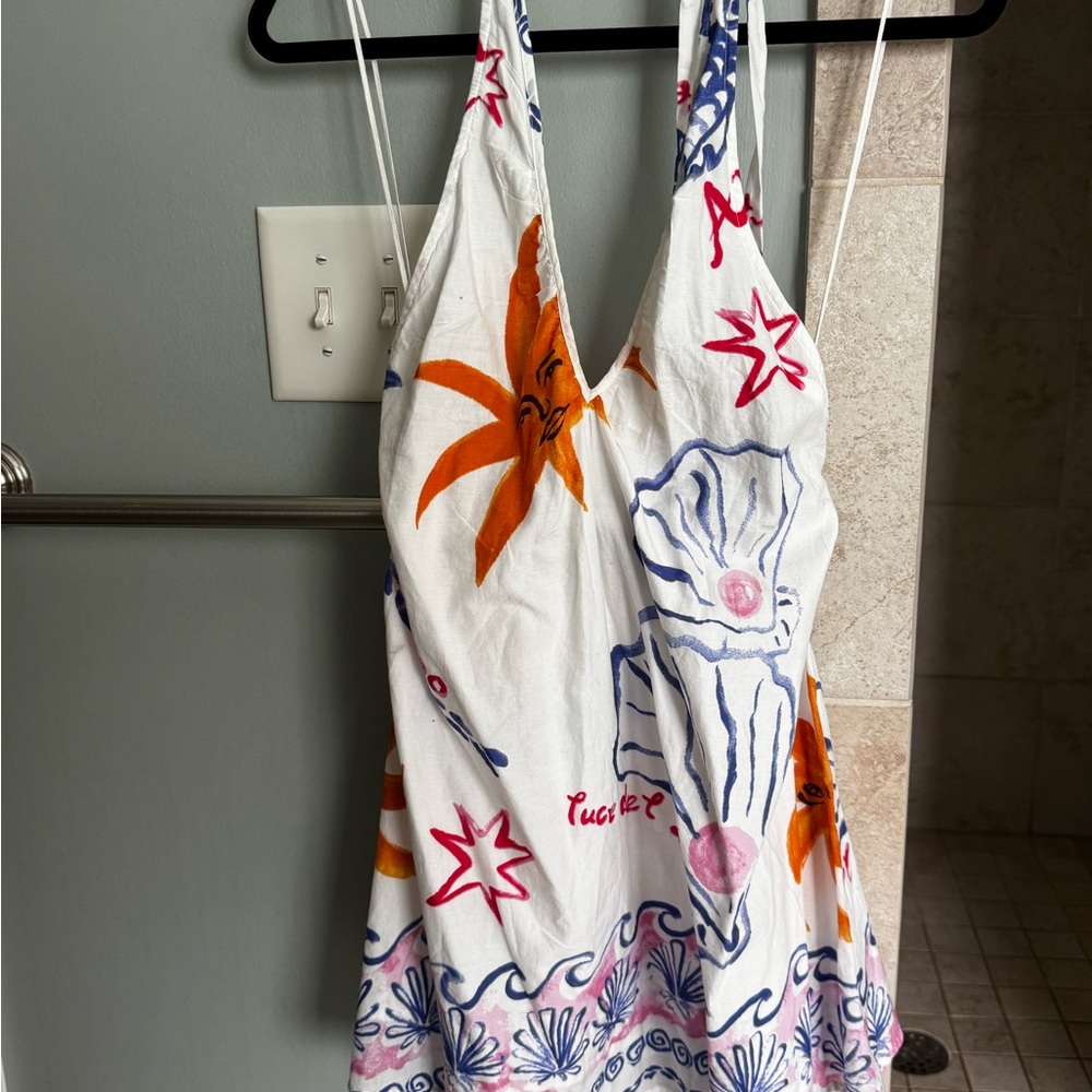 100% cotton Chinti & Parker White Sundress with Orange and Blue Floral Print